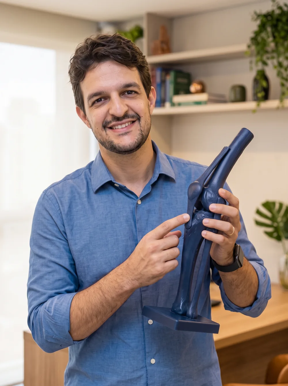 Dr. Murillo Mourão com um modelo anatômico do joelho